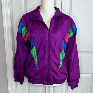 Vintage 80s Petite Purple Nylon Track Jacket Pink Blue Green PM Lavon Petites